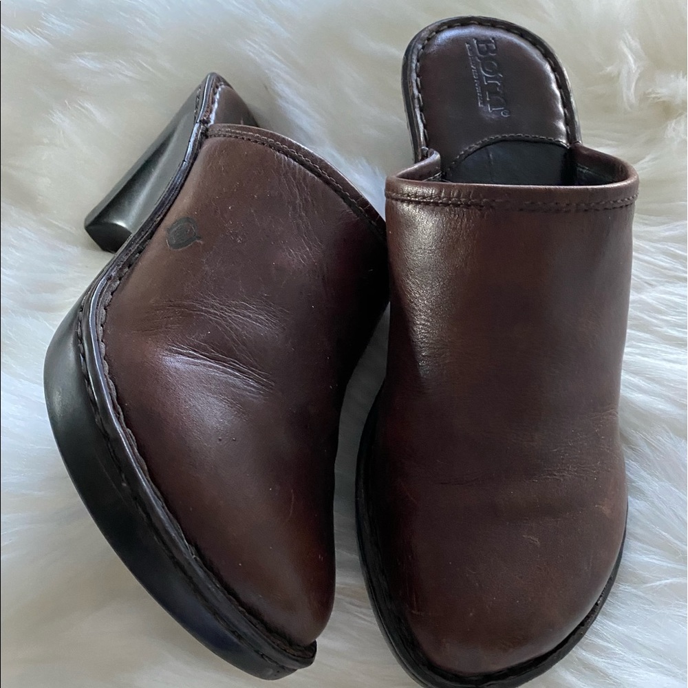 BORN brown leather mules